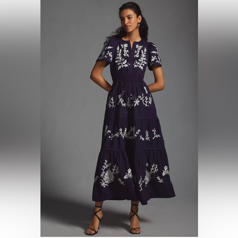 Anthropologie Somerset Maxi Dress, Embroidered Edition Navy L EUC